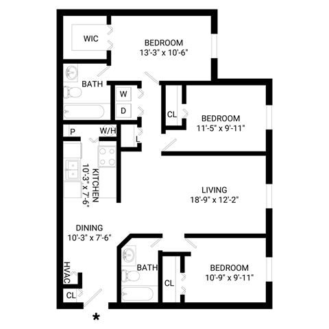 Floor plan for 3 beds, 2 baths, 1155 sqft